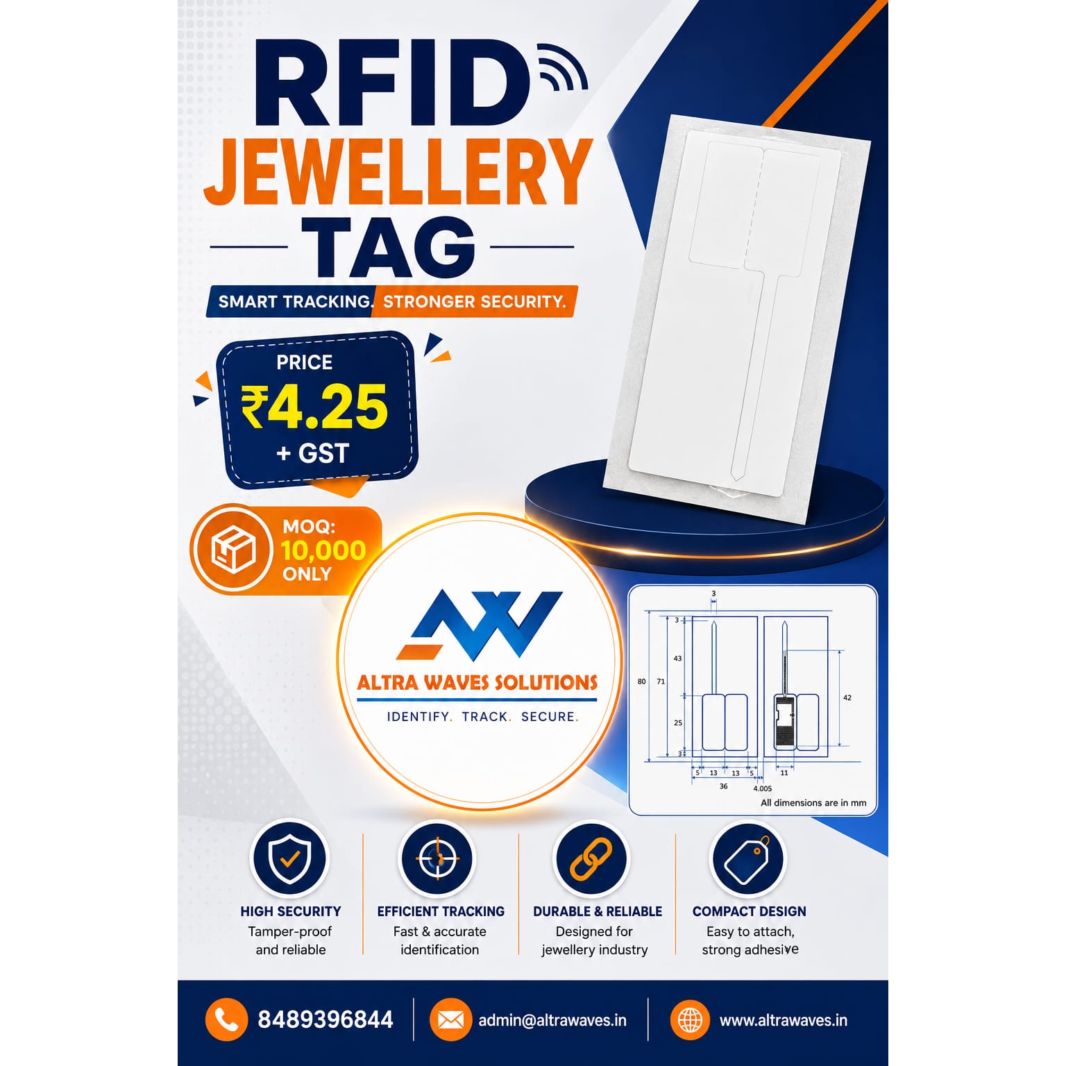 RFID jewellery tag attached to jewellery for inventory tracking and management